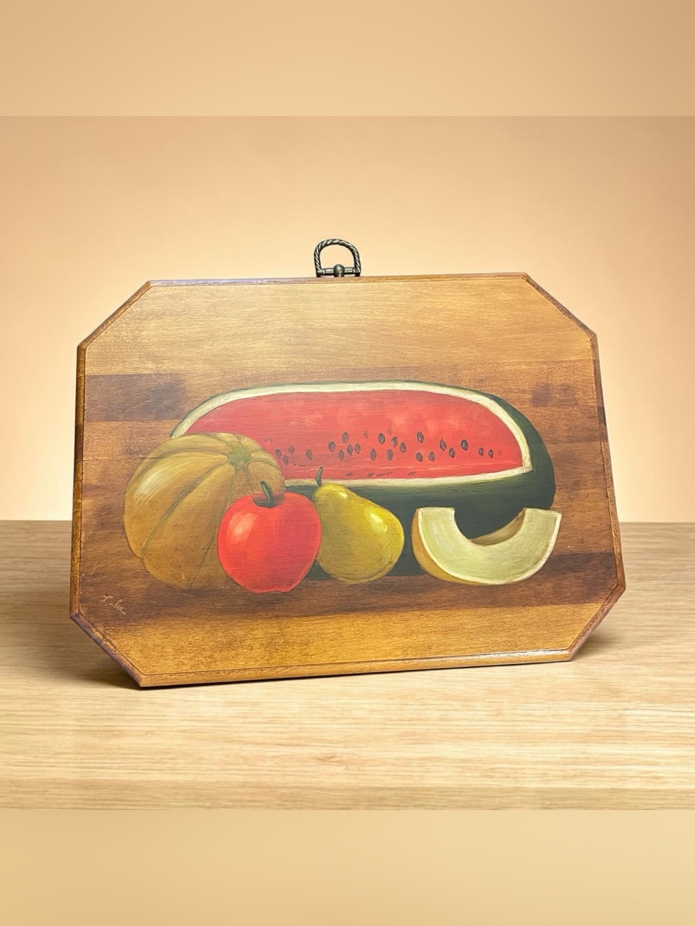 Vtg American Folk Art Still Life Painting On Wood Watermelon Fruit Signed Lake